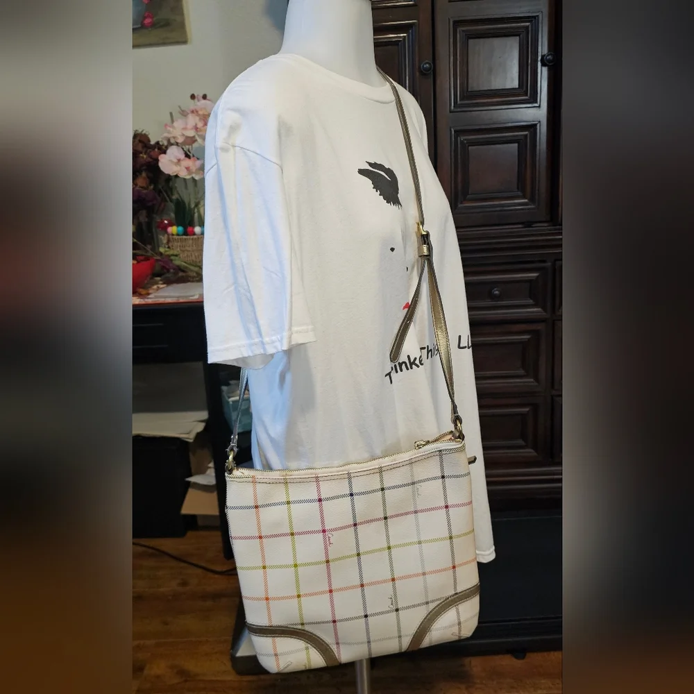 Coach White Plaid Crossbody Bag with Gold Trim